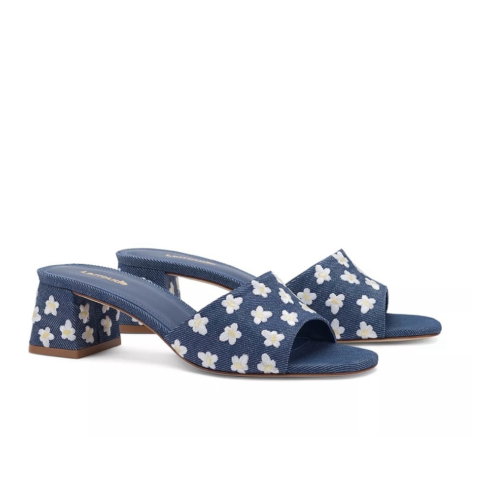 #Larroudé Brigitte #denim daisy heeled Sandal